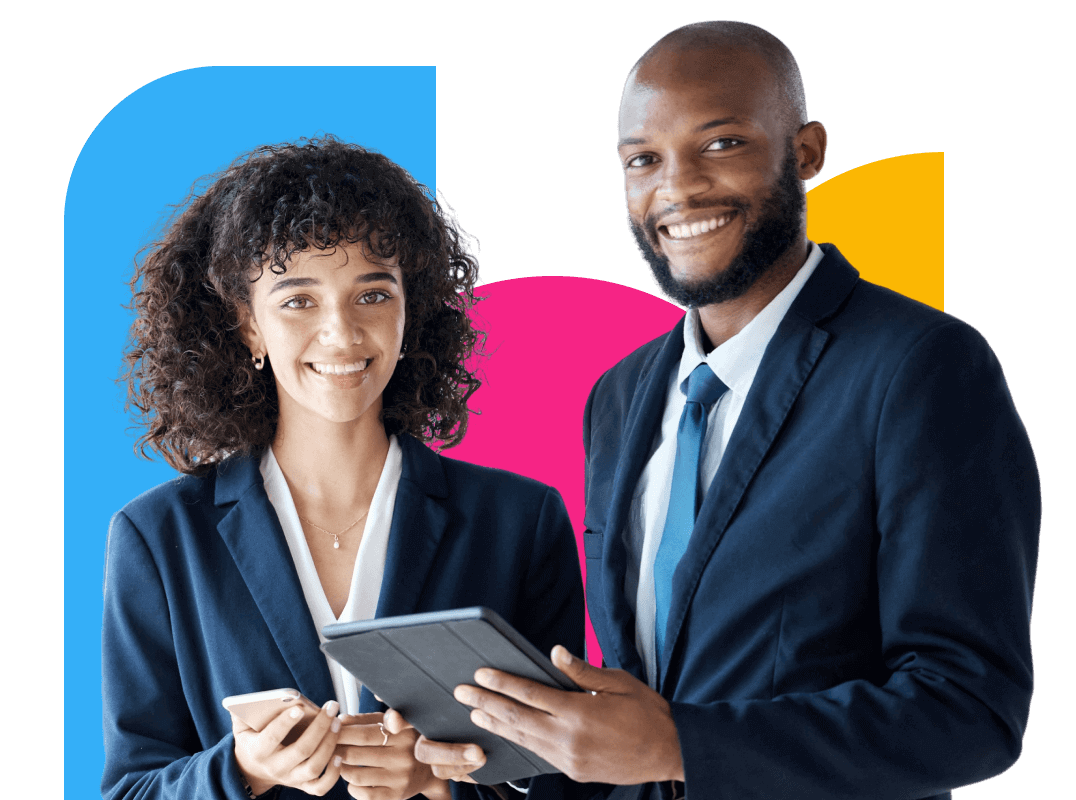 A young black woman and a young black man looking at the camera smiling holding a tablet